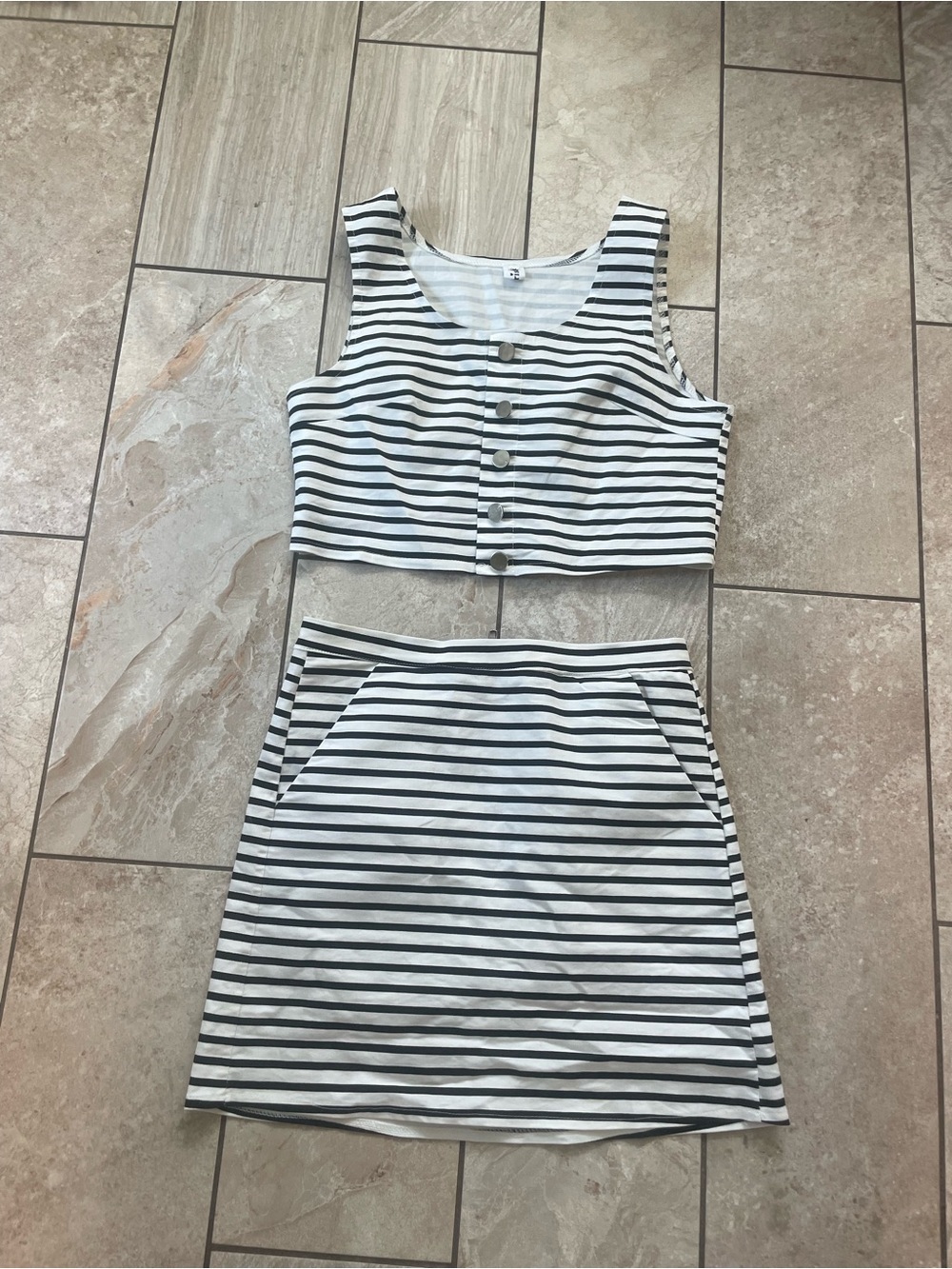 Cherish Black & White Striped Two-Piece Mini Skirt + crop top Set